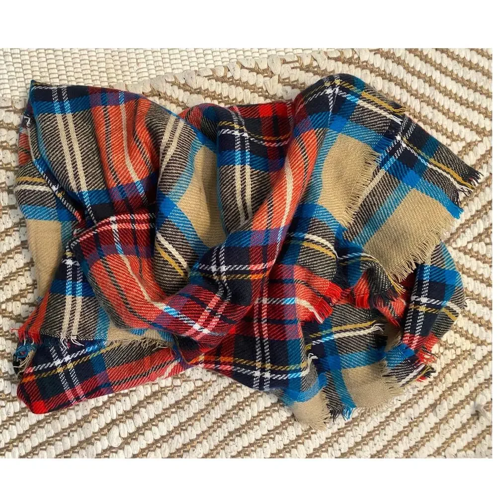 Large Blanket Scarf Plaid Blue Red White Cream 60